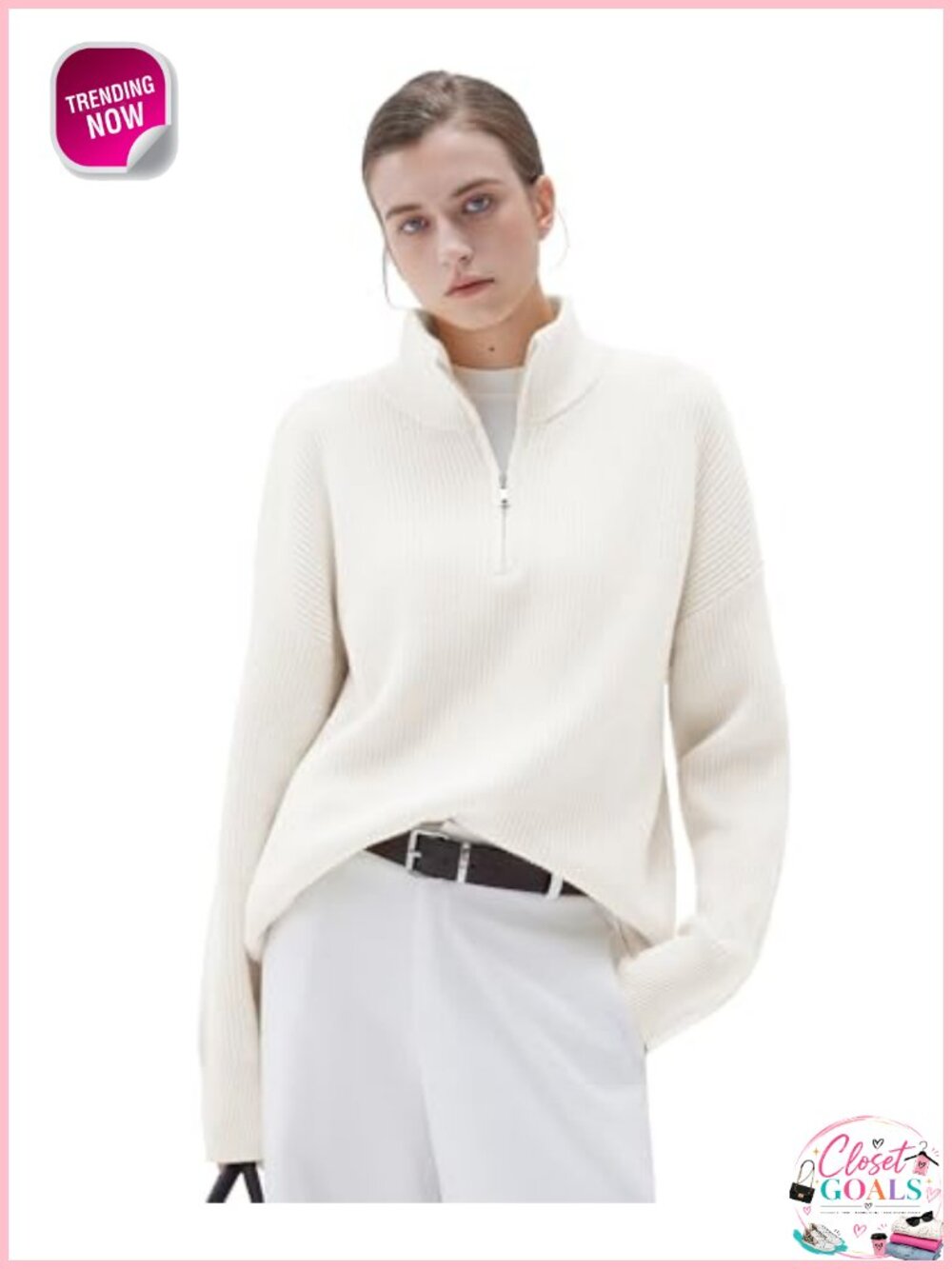 Cashmere Blend Oversized Quarter Zip Pullover Sweater